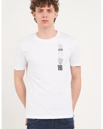 Tricou cu decolteu la baza gatului si imprimeu grafic si text, Alb