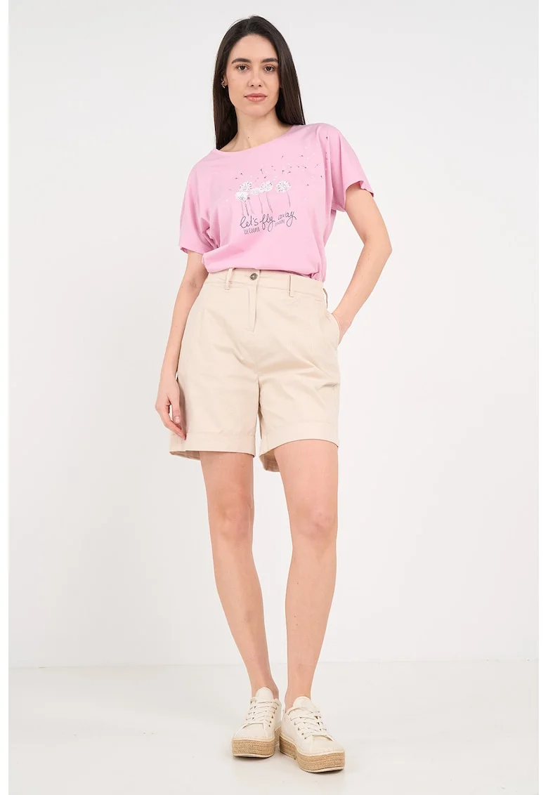 Pantaloni scurti din amestec de bumbac cu talie inalta, Crem