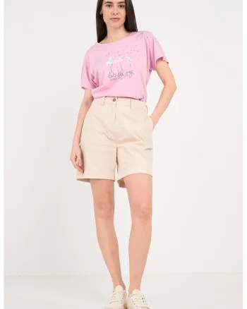 Pantaloni scurti din amestec de bumbac cu talie inalta, Crem