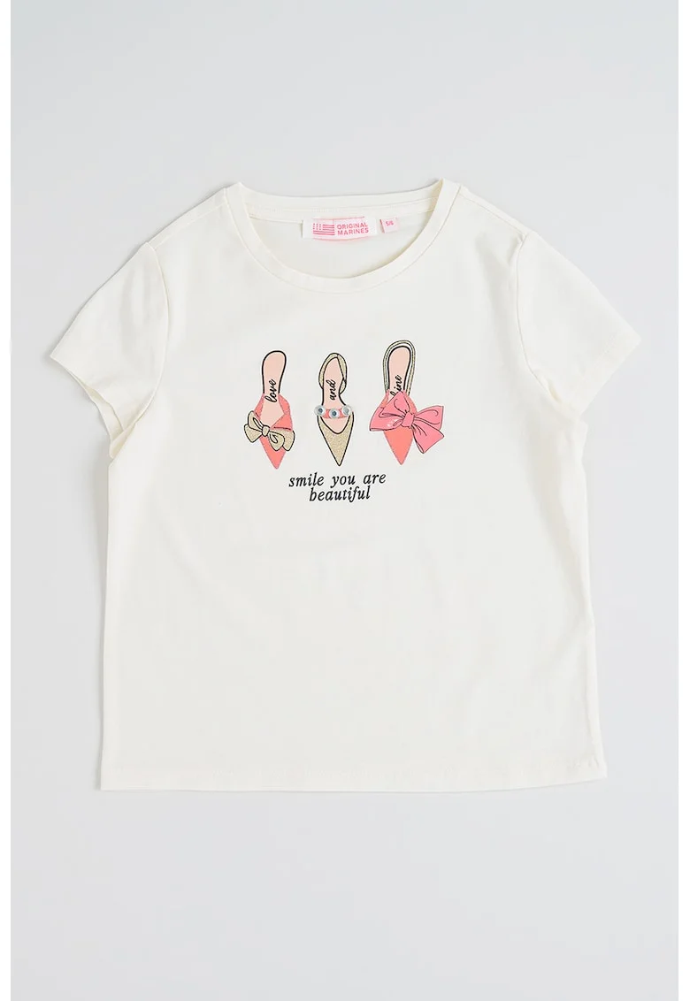 Tricou din amestec de bumbac cu imprimeu text si grafic, Alb murdar/Roz