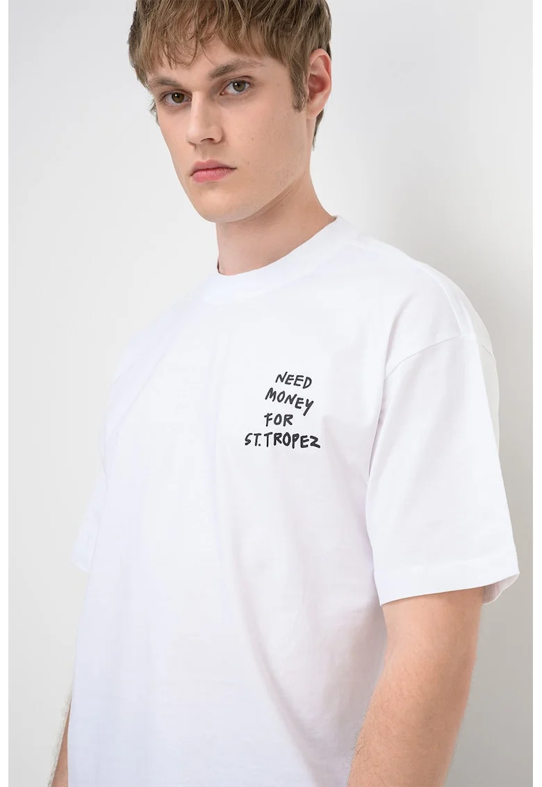 Tricou din bumbac organic cu imprimeu text Money, Negru stins/Alb murdar