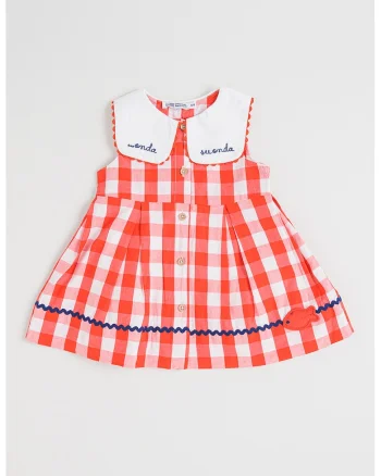 Rochie evazata din bumbac cu model in carouri, Rosu/Alb