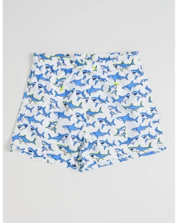 Pantaloni scurti de baie cu model cu rechin, Alb/Albastru pastel