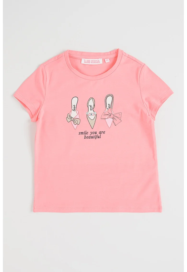 Tricou din amestec de bumbac cu imprimeu text si grafic, Roz
