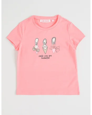 Tricou din amestec de bumbac cu imprimeu text si grafic, Roz