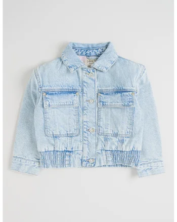 Jacheta scurta din denim cu terminatie elastica, Albastru glaciar