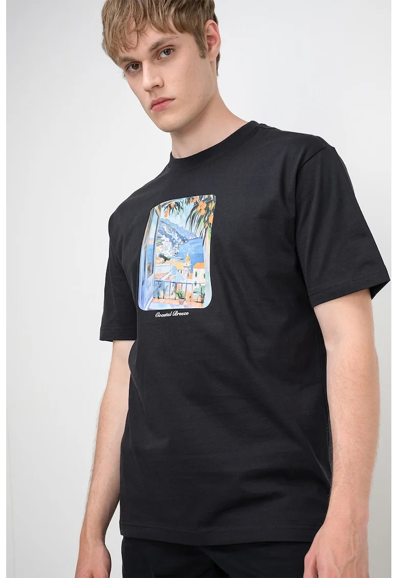 Tricou din bumbac organic Fred Graphic, Negru/Albastru inchis/Portocaliu pal