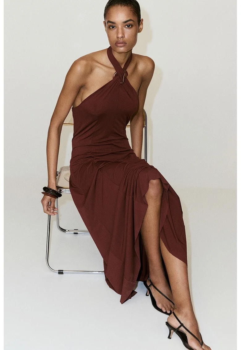 Rochie halter cu detaliu decorativ, Maro cognac