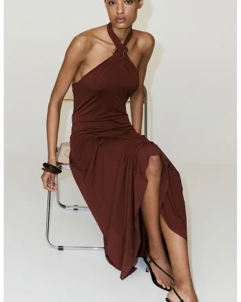 Rochie halter cu detaliu decorativ, Maro cognac