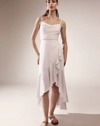 Rochie midi din in cu fusta asimetrica cu volane VOLLA, Alb
