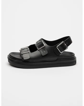 Sandale din piele cu talpa flatform si catarame, Negru