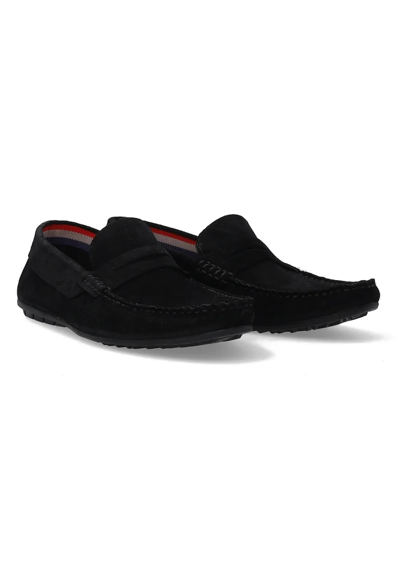 Mocasini uni din piele intorsa cu varf rotund