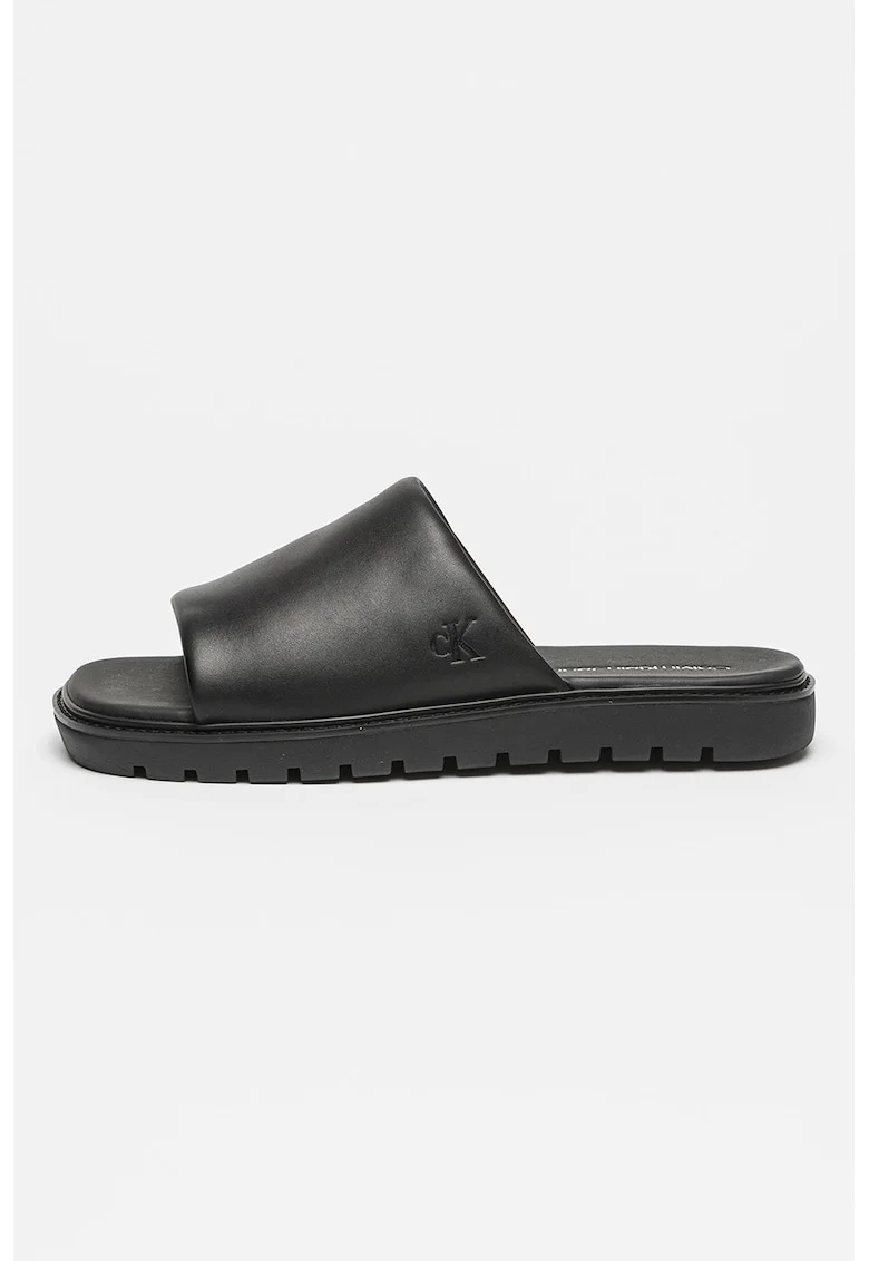 Papuci din piele cu talpa plata, Negru