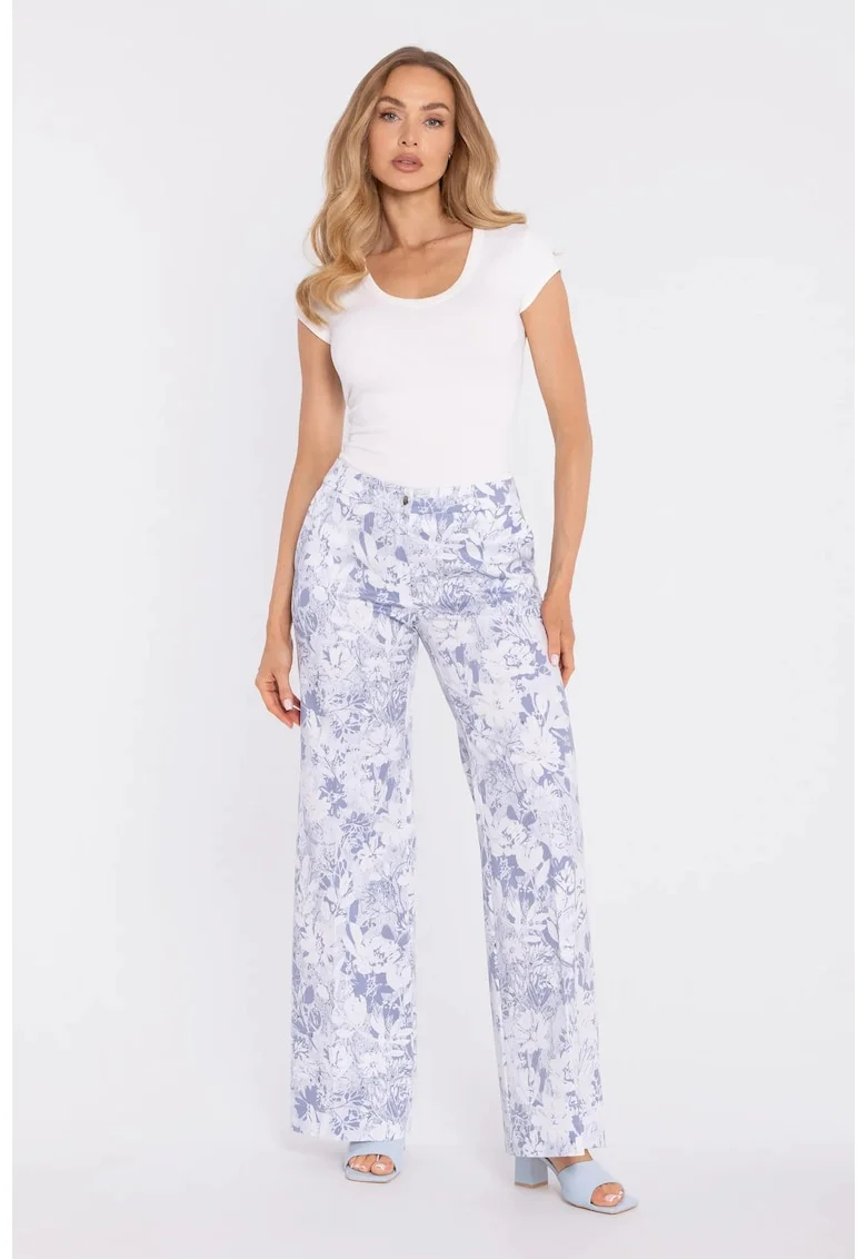 Pantaloni largi cu imprimeu tip napa,  concept A trois, Model 1, Albastru