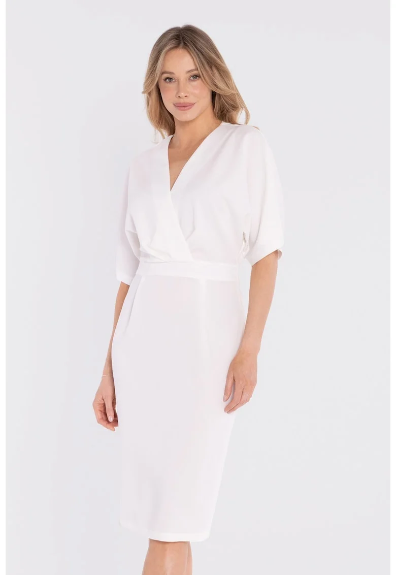 Rochie midi cu decolteu cache-coeur,  concept A trois, Bej, Ecru