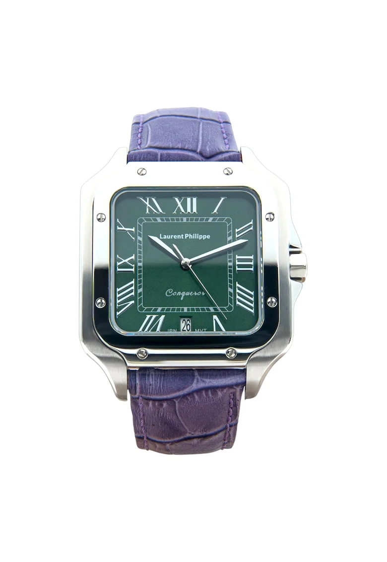 Ceas bărbați  Conqueror Emerald, cadran verde smarald, curea piele violet-fumuriu, inox