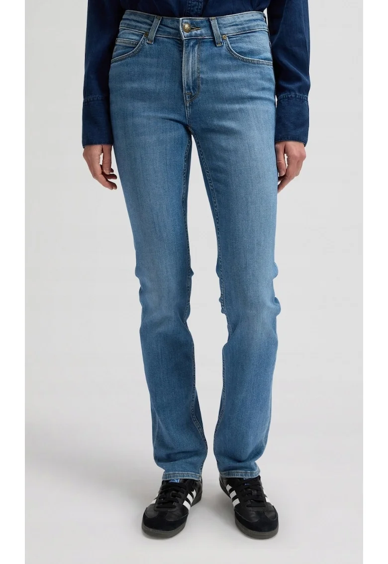 Blugi dama  Marion Straight, albastru, denim elastic, talie medie, cu eticheta logo