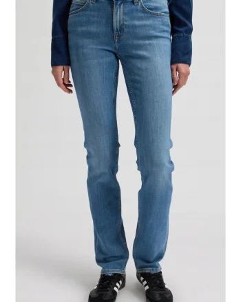 Blugi dama  Marion Straight, albastru, denim elastic, talie medie, cu eticheta logo
