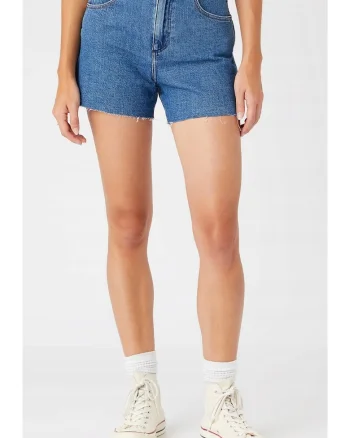 Pantaloni scurti dama,  talie inalta, albastru, bumbac cu elastan