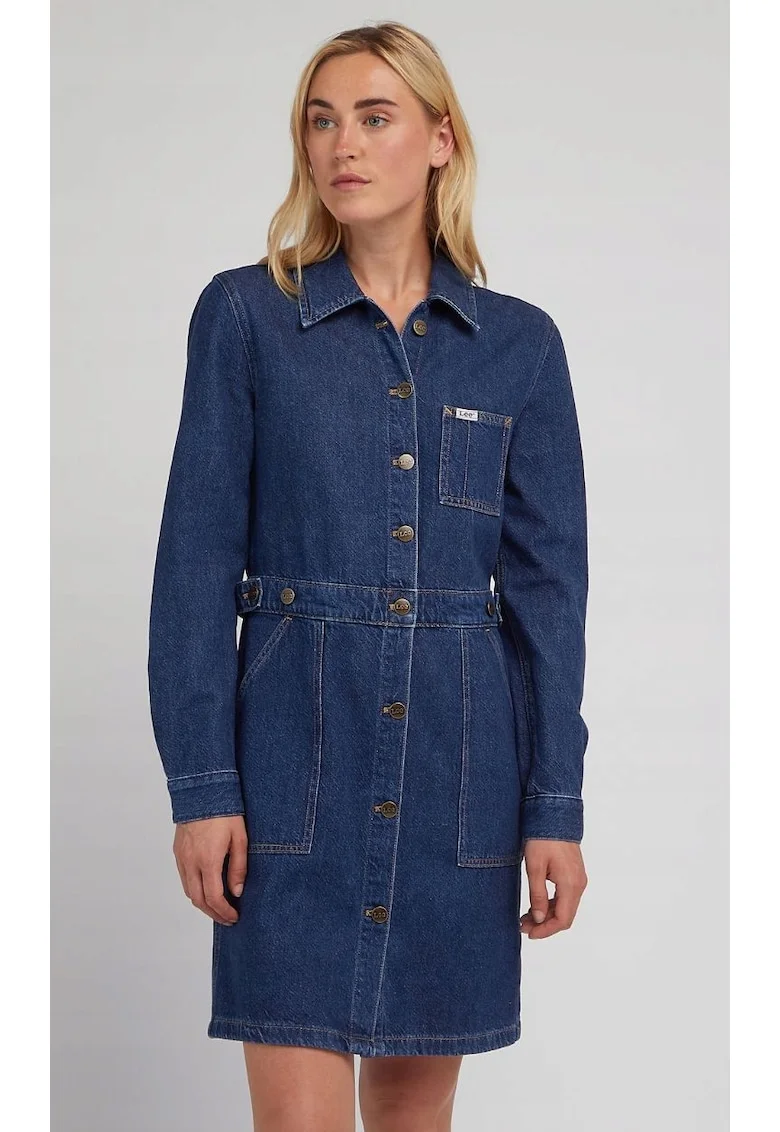 Rochie  Workwear Mid Cascade, bumbac, albastru, maneca scurta, fermoar si nasturi,