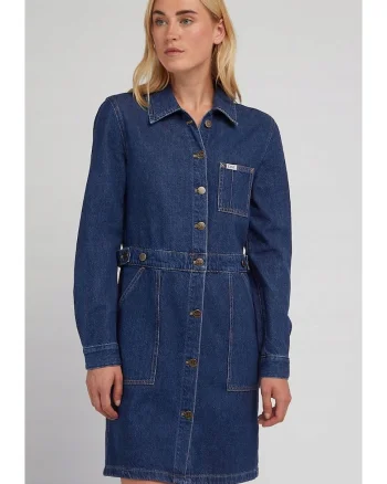 Rochie  Workwear Mid Cascade, bumbac, albastru, maneca scurta, fermoar si nasturi,
