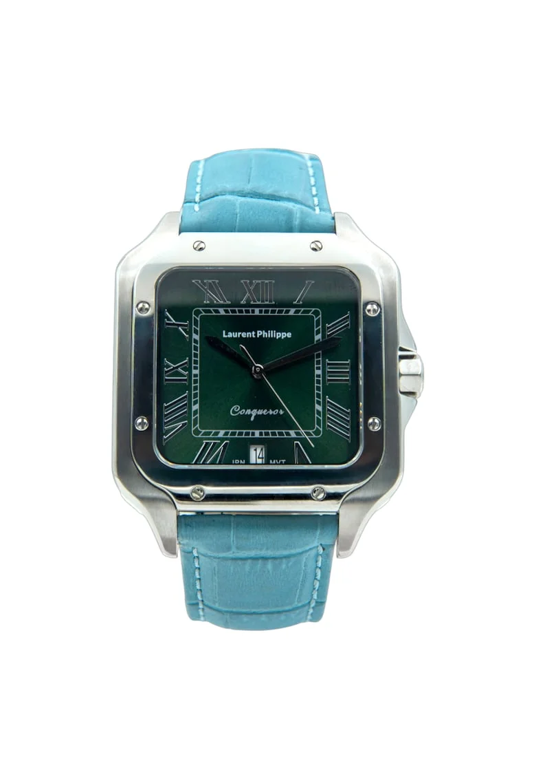 Ceas  Conqueror Emerald, cadran smarald, curea piele Icy Petal, oțel inoxidabil