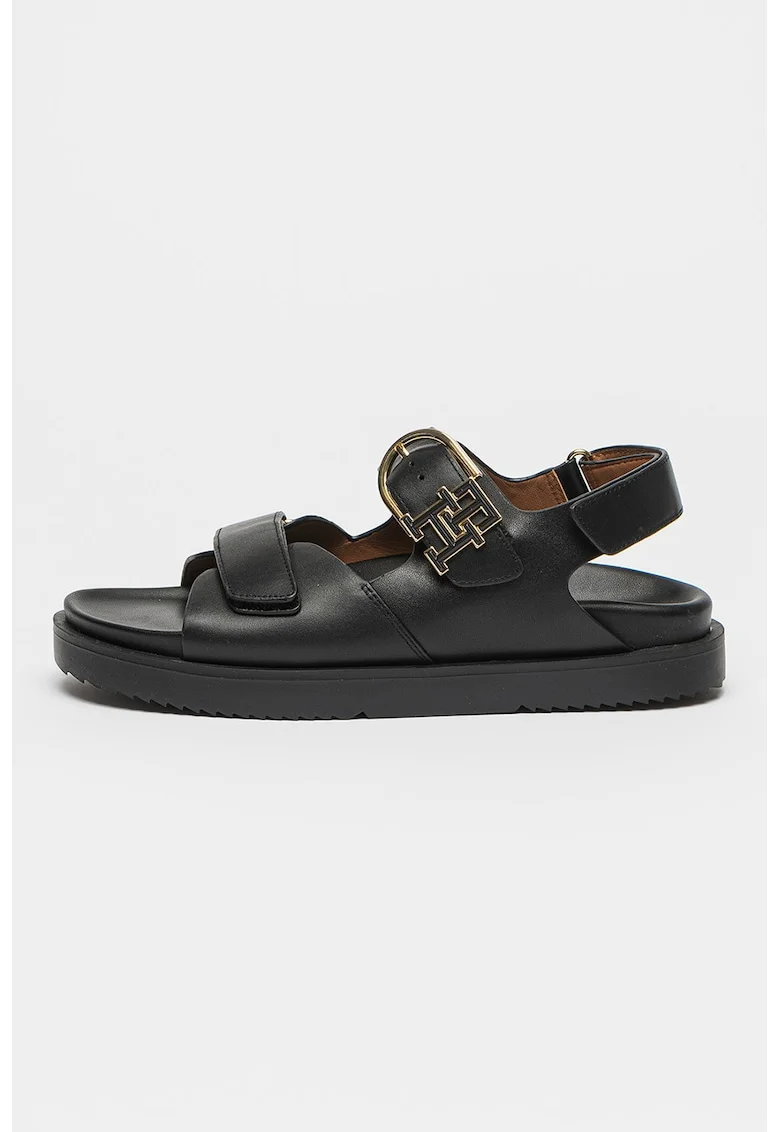 Sandale din piele cu logo metalic, Negru