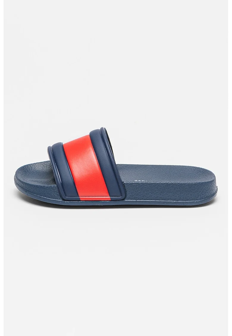 Papuci din piele ecologica cu logo, Alb/Bleumarin