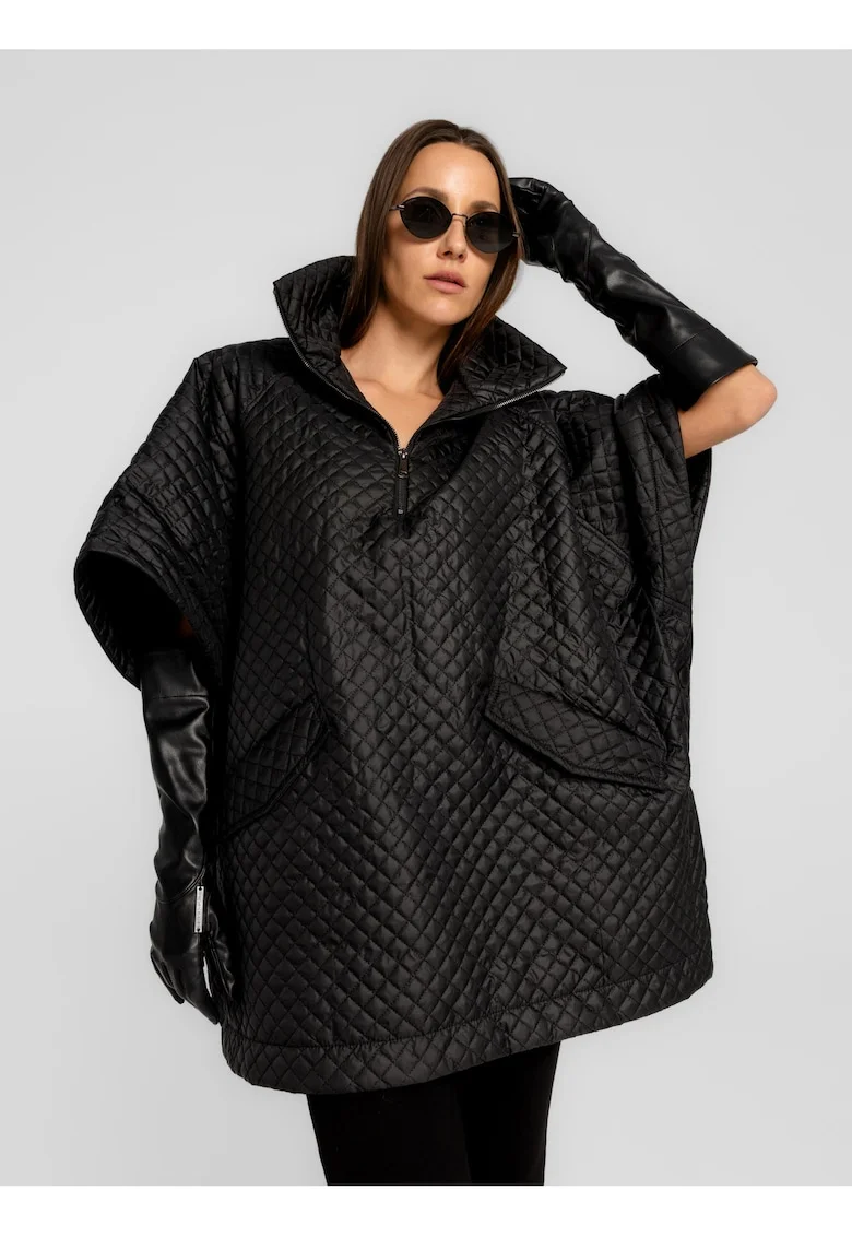 Poncho supradimensionat cu model matlasat Lace, Negru