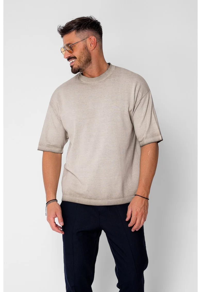 Tricou tricotat cu efect prespalat Beige 21625, Bej