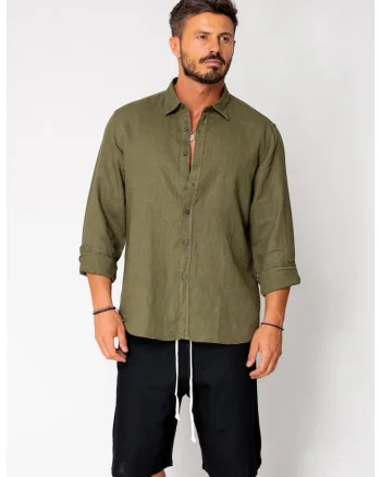 Camica  din in premium Dark Green, lunga, cu nasturi, marime