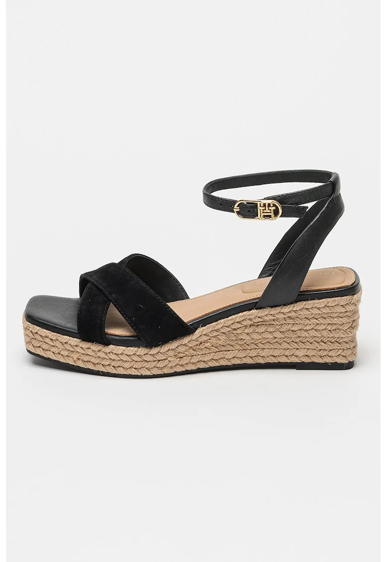 Sandale din piele si piele intoarsa cu talpa wedge, Negru
