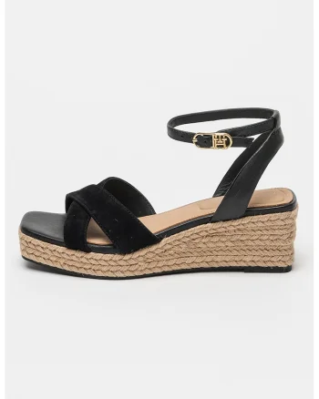 Sandale din piele si piele intoarsa cu talpa wedge, Negru