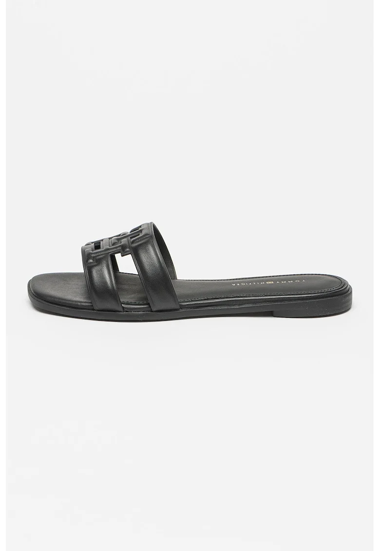 Papuci din piele cu model logo, Negru