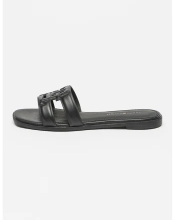 Papuci din piele cu model logo, Negru