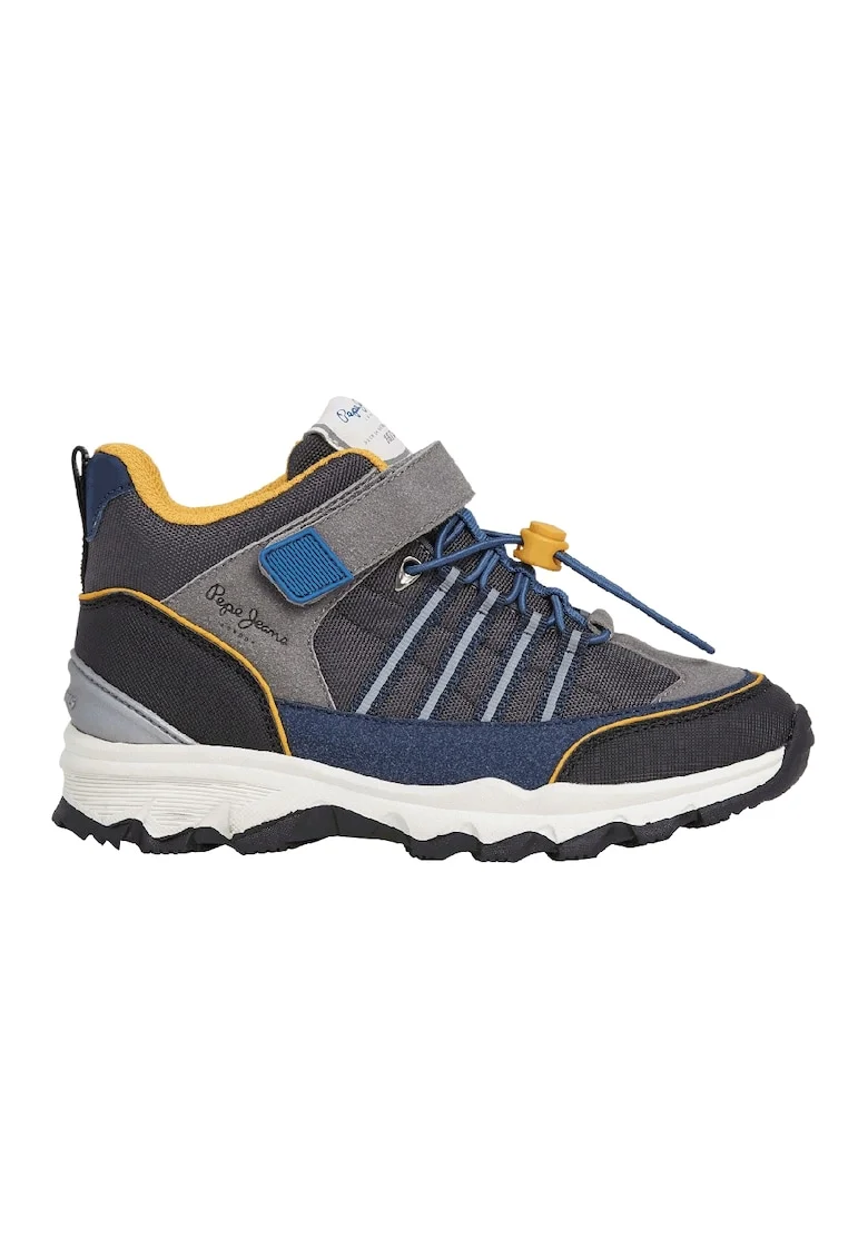 Pantofi sport din piele intoarsa si material textil cu inchidere velcro, Galben/Albastru/Gri inchis