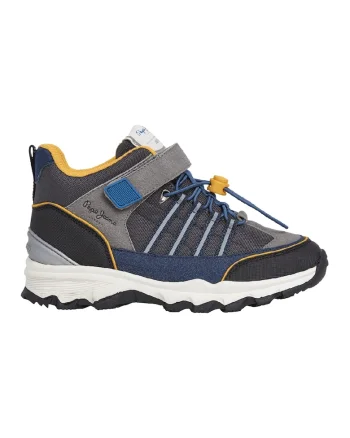 Pantofi sport din piele intoarsa si material textil cu inchidere velcro, Galben/Albastru/Gri inchis