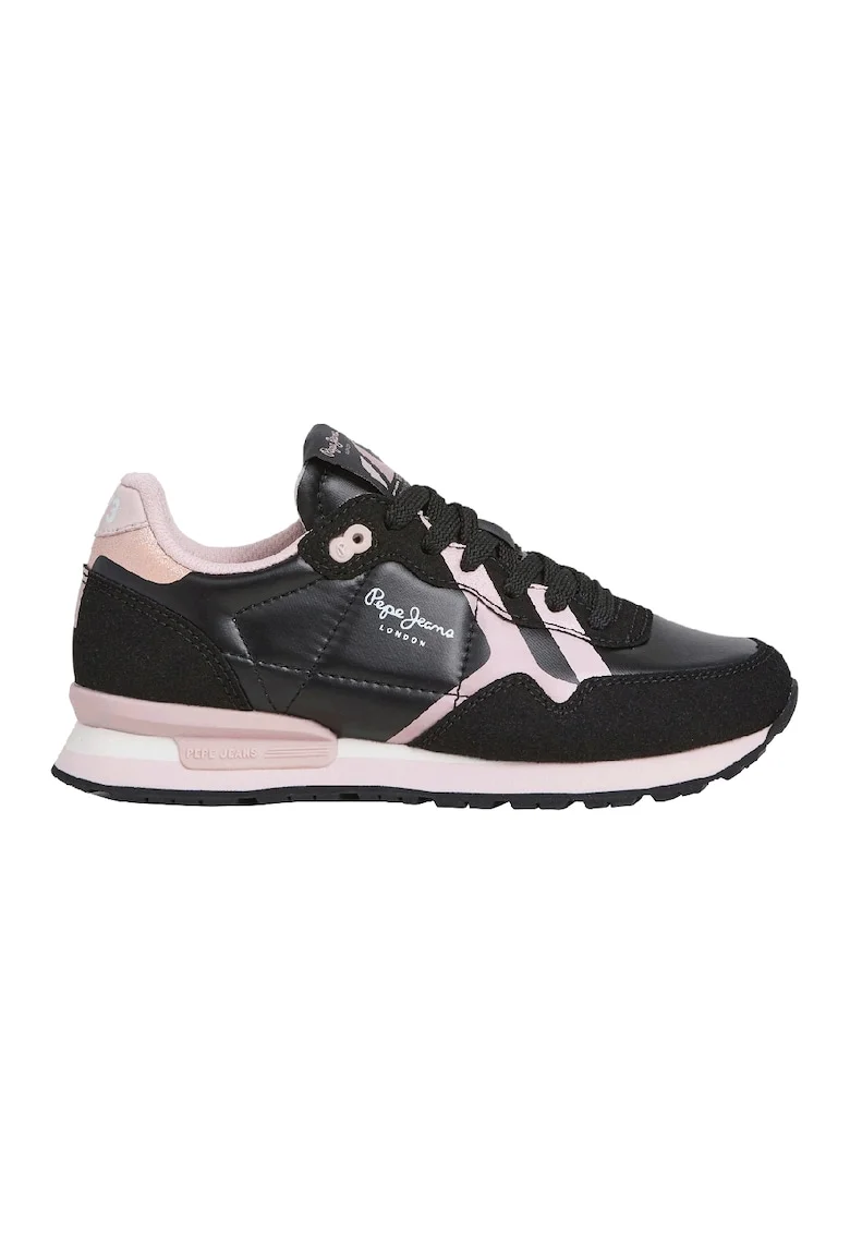 Pantofi sport wedge din piele intoarsa si piele ecologica, Alb/Negru/Roz pastel