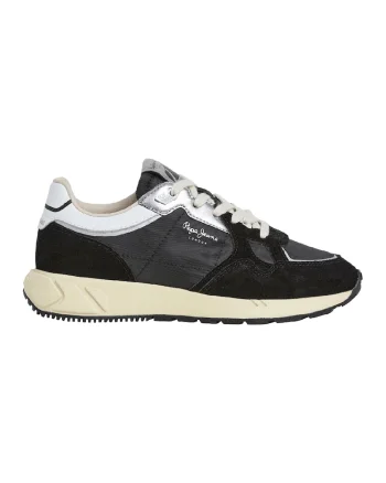Pantofi sport din piele intoarsa cu insertii din material textil, Alb/Negru/Argintiu
