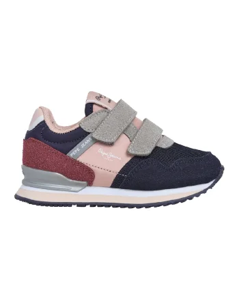 Pantofi sport cu velcro si logo, Roz pastel/Gri cenusiu/Bleumarin