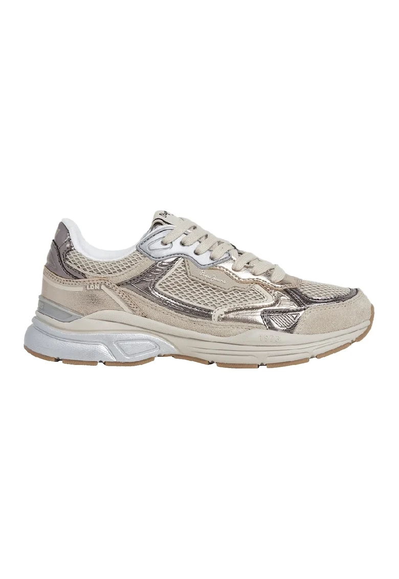 Pantofi sport din piele ecologica cu garnituri din piele intoarsa, Maro taupe deschis/Argintiu