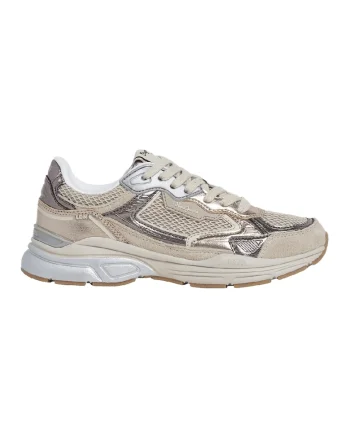 Pantofi sport din piele ecologica cu garnituri din piele intoarsa, Maro taupe deschis/Argintiu
