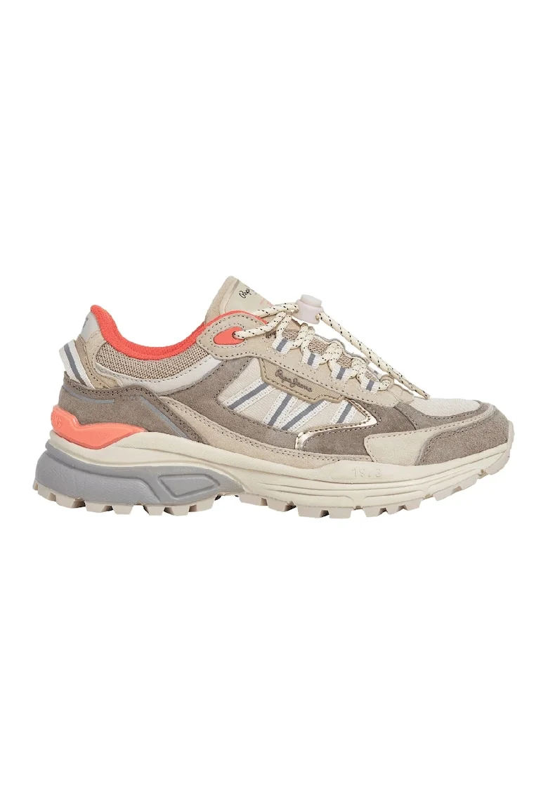 Pantofi sport din piele intoarsa cu talpa wedge si garnituri din material textil, Maro taupe/Gri cenusiu/Maro taupe deschis