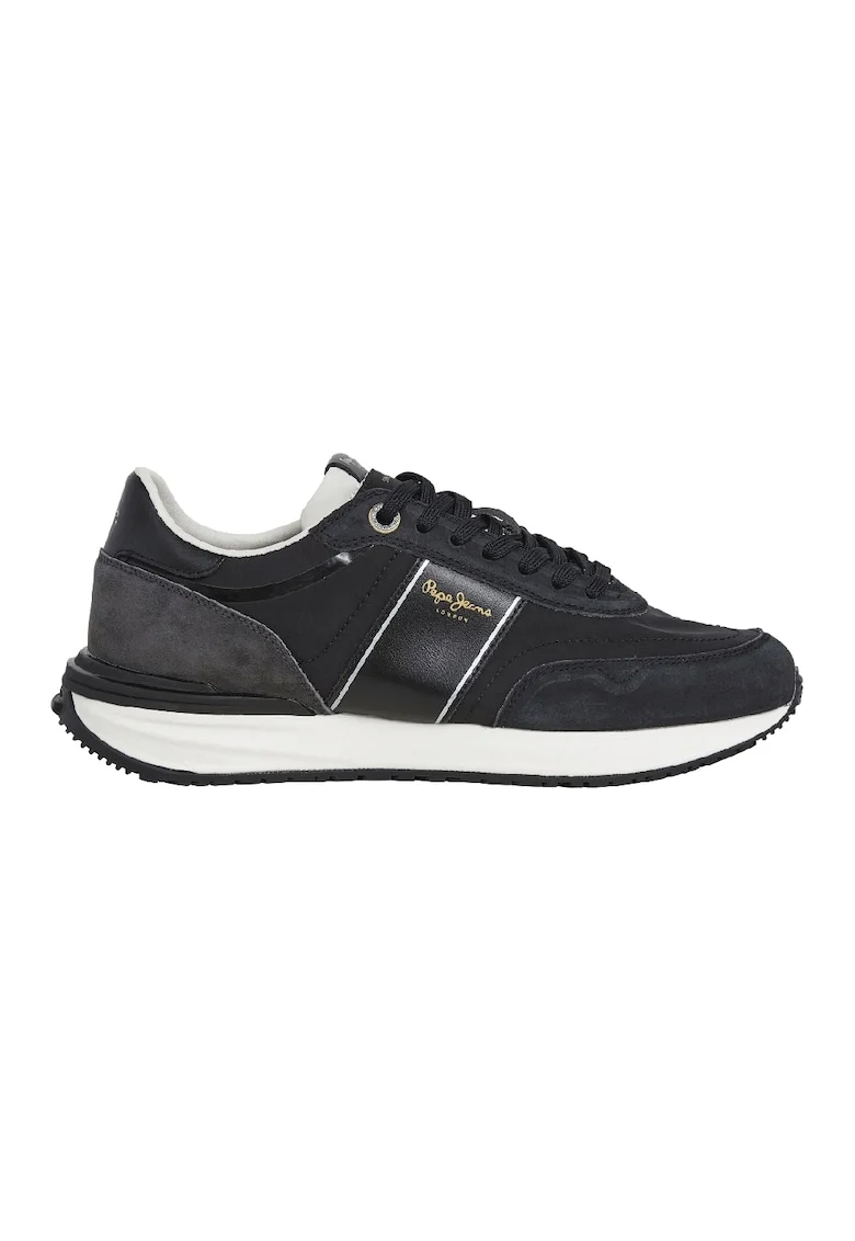 Pantofi sport din material textil cu talpa plata si insertii din piele intoarsa, Negru/Albastru ultramarin
