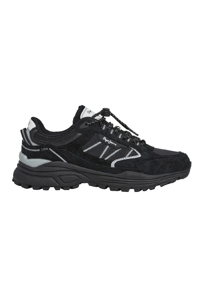 Pantofi sport din piele intoarsa cu talpa plata si insertii din material textil, Negru