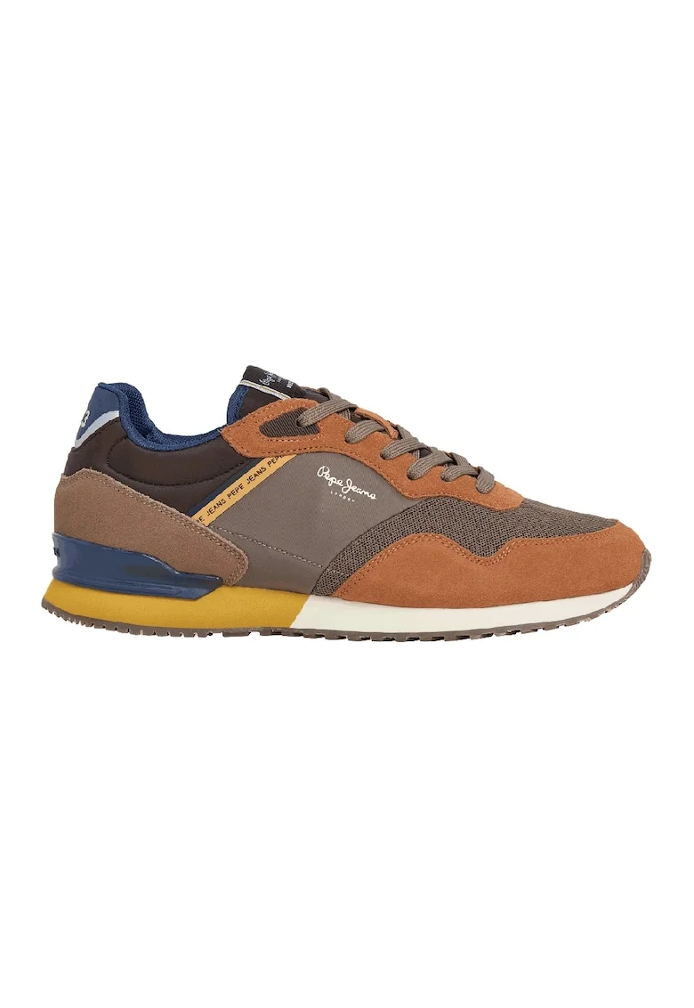 Pantofi sport low-cut cu garnituri din piele intoarsa, Maro taupe/Portocaliu stins