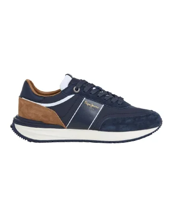 Pantofi sport din material textil cu talpa plata si insertii din piele intoarsa, Caramel/Bleumarin