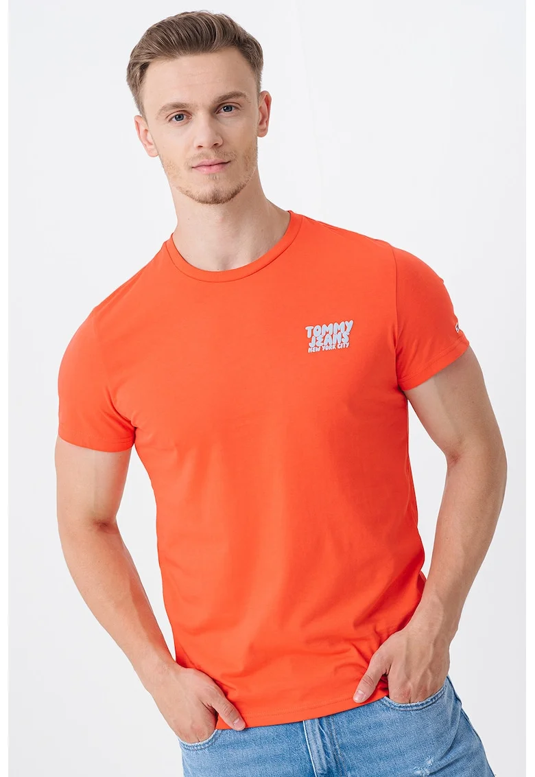 Tricou slim fit cu imprimeu logo, Gri deschis/Coral