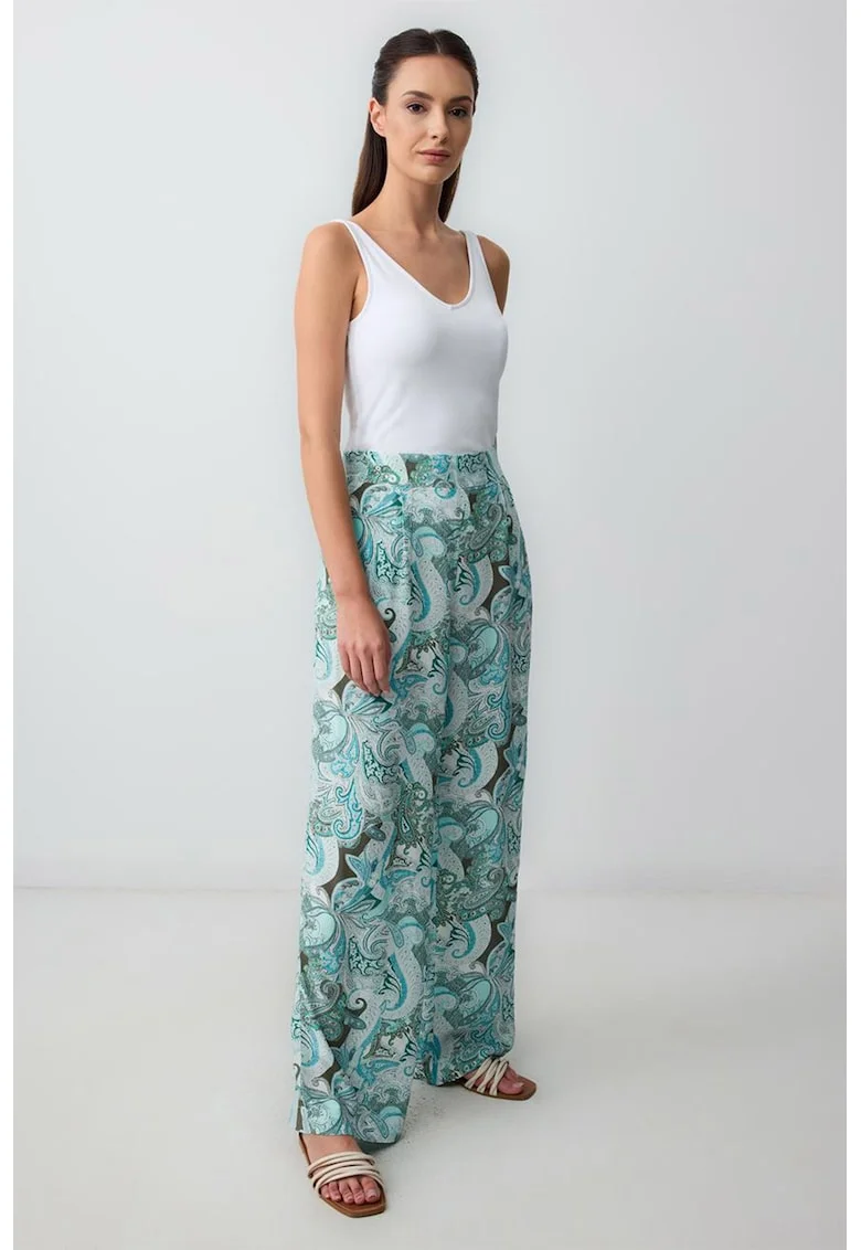 Pantaloni cu talie inalta si model grafic, Alb/Turcoaz