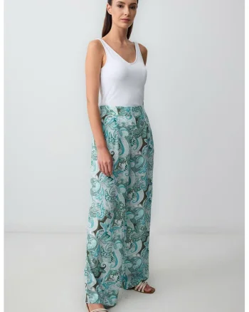 Pantaloni cu talie inalta si model grafic, Alb/Turcoaz